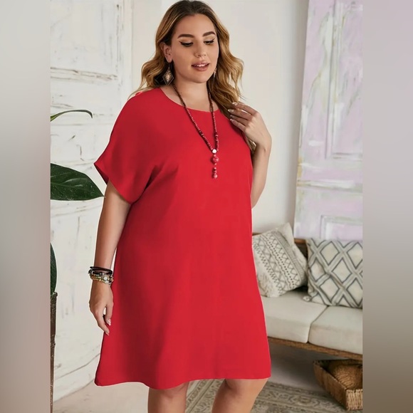 741 ❤️ 2X Plus Size Red Solid Casual Summer Dress - Picture 4 of 6